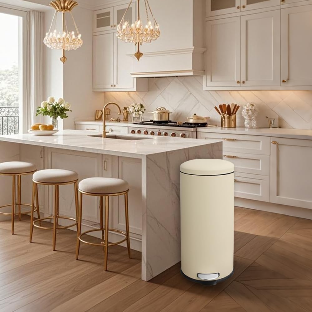 8 Gallon Trash Can, Stainless Steel Round Trash Can with Lid, Removal Inner Liner, Soft Close, Step on Pedal Trash bin for Kitchen, Office, Living Room or Bathroom, Cream
