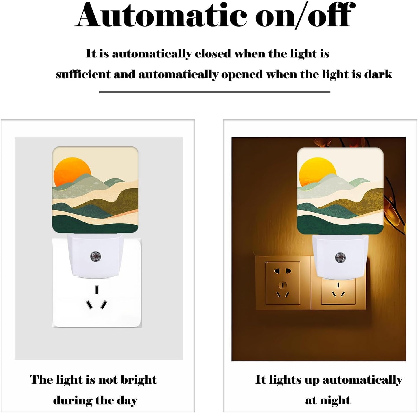 Boho Sun and Abstract Mountains Night Light,Plug Into Wall Decor for Stairway,Hallway,Kitchen,Dusk to Dawn Sensor Nightlights for Boys/Girls/Women/Men Room Gifts