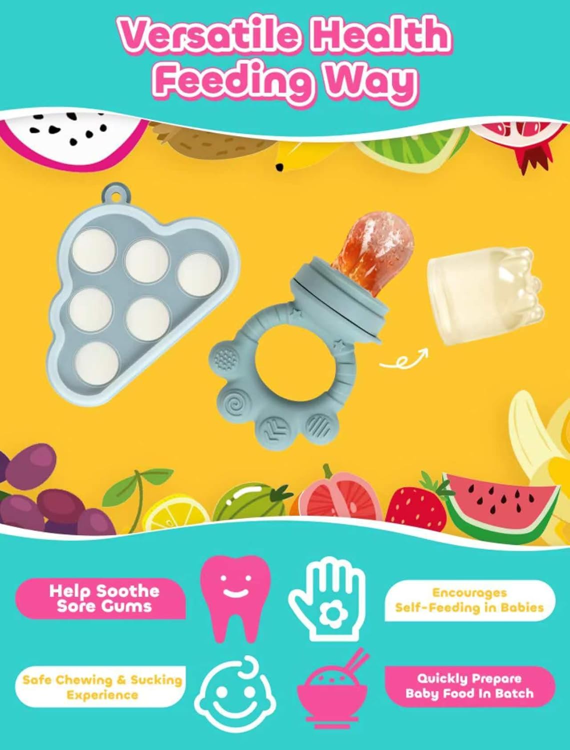 Baby Popsicle Molds & Food Feeder Set, Baby Fruit Feeder for Infant Teething Relief & Safe Infant Self Feeding 4 Months+ Starting Solids for Essentials (Green+Beige)