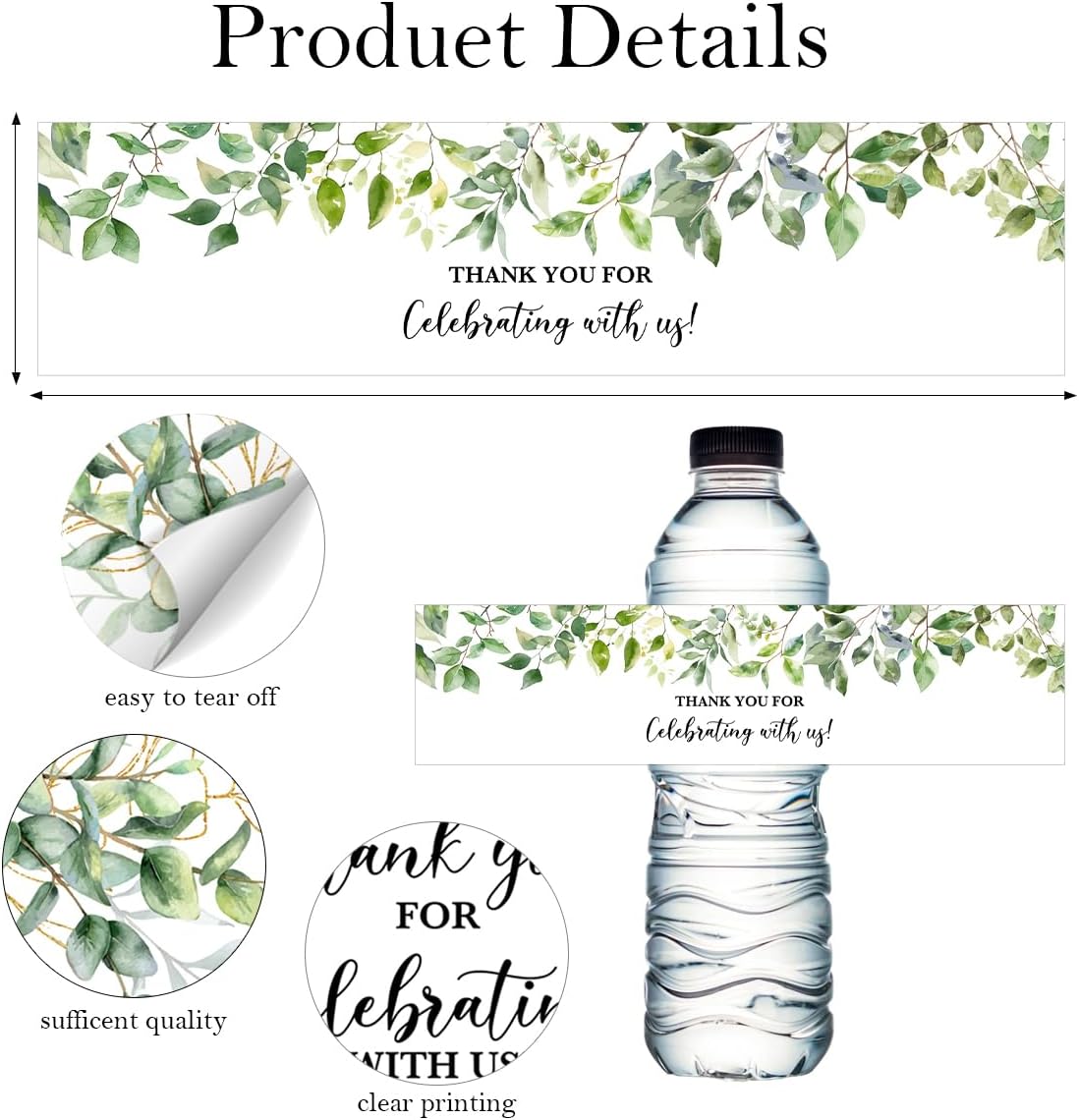 100PCS Wedding Water Bottle Labels Waterproof Greenery Floral Wraps Sticker for Water Bottle Baby Shower Bottle Label for Bridal Shower Party Thanks A10