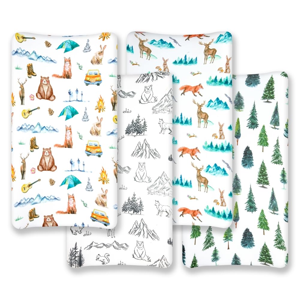 4 Pack Changing Pad Covers Woodland Forest Animals Wood Neutral Unisex Fitted Baby Changing Pad Cover Set for Baby Boys or Girls