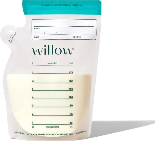 Willow - 8oz Breast Milk Storage Bags - 100ct - Double Zip Seal for Durability - Freezer & Fridge Breastmilk Storage - Easy Pour Spout for Bottle Transfer - BPA Free - Breastfeeding Essentials
