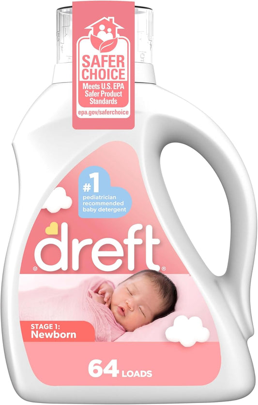 Dreft Stage 1 Newborn Baby Liquid Laundry Detergent, Gentle on Sensitive Skin, HE Compatible, 64 loads