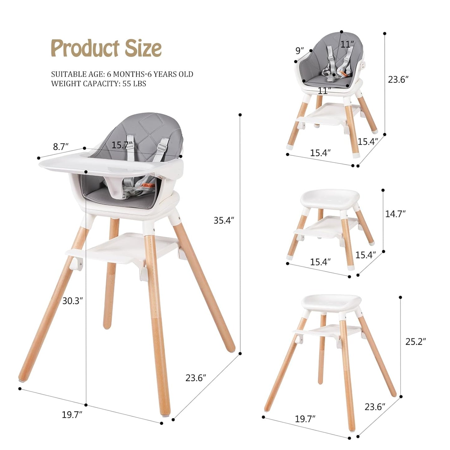 6 in 1 Baby High Chair, Convertible Wooden High Chairs/Booster Seat for Babies and Toddlers, Baby Feeding Chair with 5-Point Harness/Double Removable Tray & Adjustable Footrest (Grey)