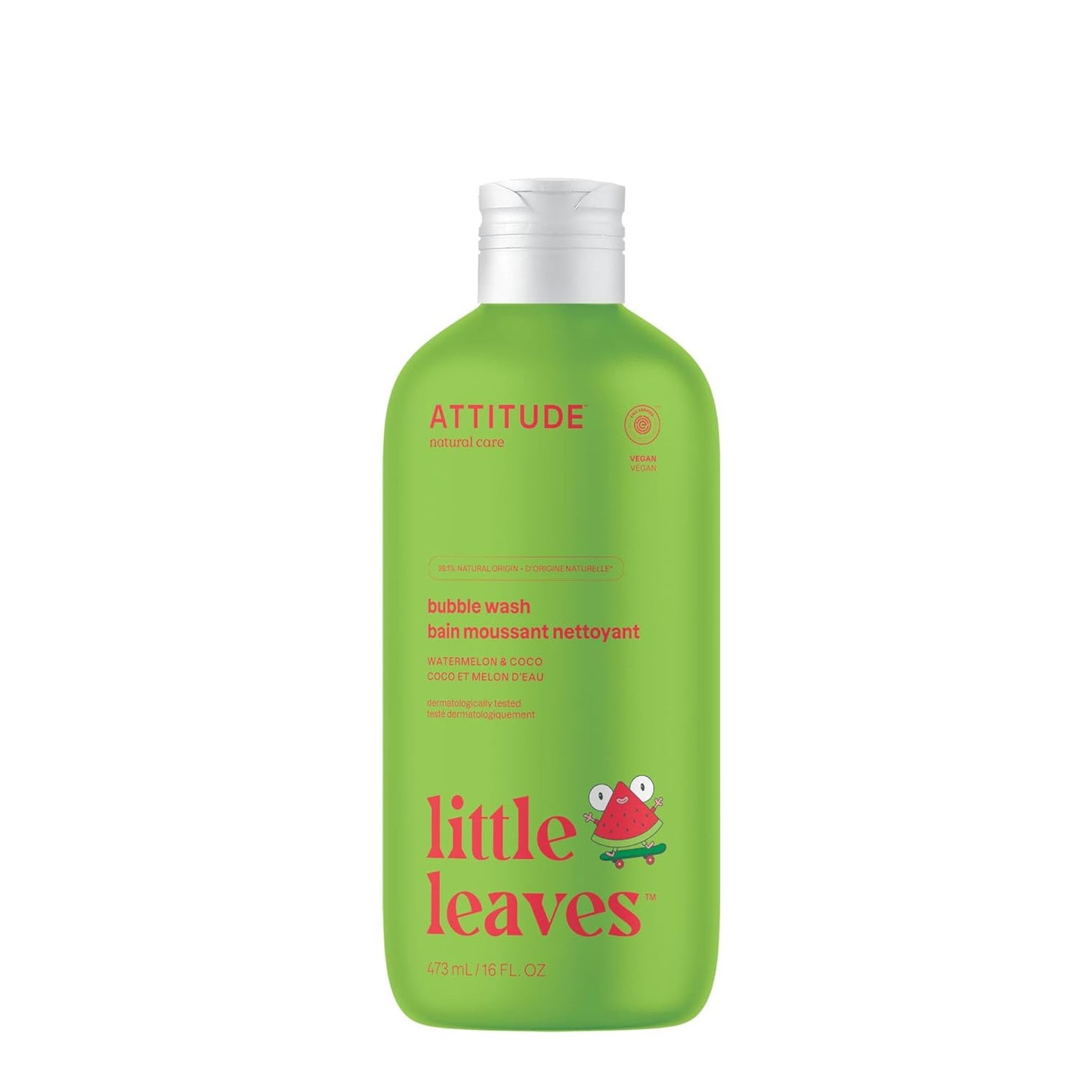 ATTITUDE Bubble Wash for Kids, EWG Verified Bubble Bath, Hair Shampoo and Body Soap, Dermatologically Tested, Plant- and Mineral-Based, Vegan, Watermelon & Coco, 16 Fl Oz