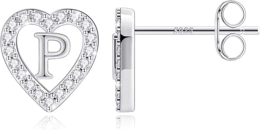 Anoup Christmas Gifts for Grandkids Girls Earrings - S925 Sterling Silver Post CZ Hypoallergenic Stud Heart Initial Earrings for Women Kids Jewelry Stocking Stuffers for Teen Girls Birthday Gifts