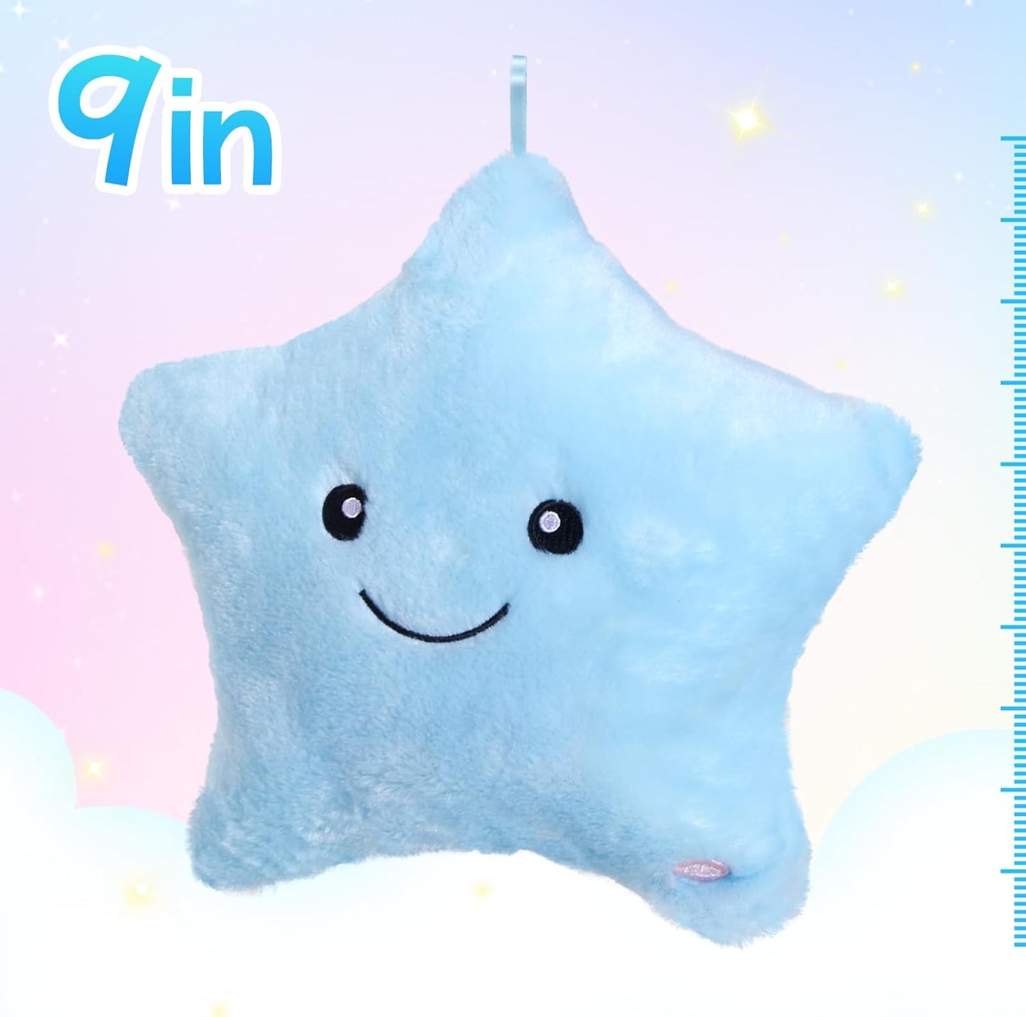 WEWILL 9'' LED Twinkle Star Soft Plush Pillow Toys Glowing Stuffed Star Light up Pillow Plush with Colorful Night Lights Birthday Gift for Toddler Kids(Blue)