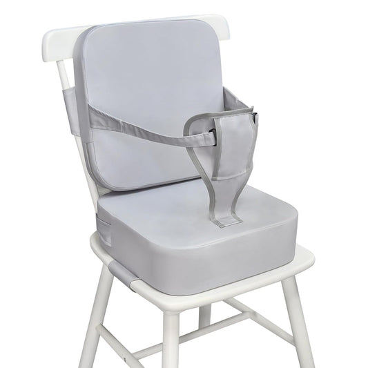 Toddler Booster Seat for Kitchen Chair and Dining Table, Non-Slip Cushion with Backrest, Adjustable Straps, Waterproof and Portable for Travel - Grey