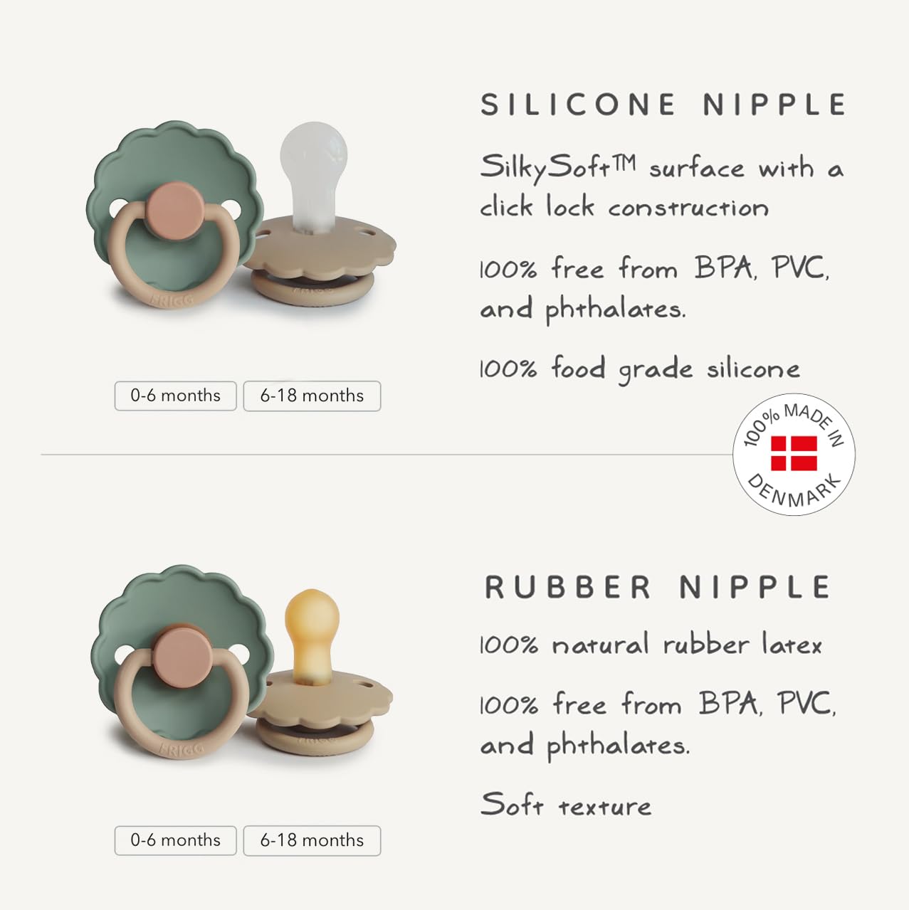 FRIGG Daisy Natural Rubber Baby Pacifier | Made in Denmark | BPA-Free (Croissant/Portobello, 6-18 Months) 2-Pack