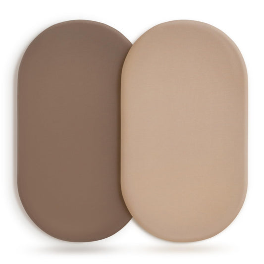 GRSSDER Stretchy Ultra Soft Fitted Bassinet Sheet 2 Pack, Universal Fit for Bassinets Baby Cradle Moses Basket Oval Rectangle Mattress Safe and Snug, Jersey Bassinet Sheets for Baby, Tan & Brown