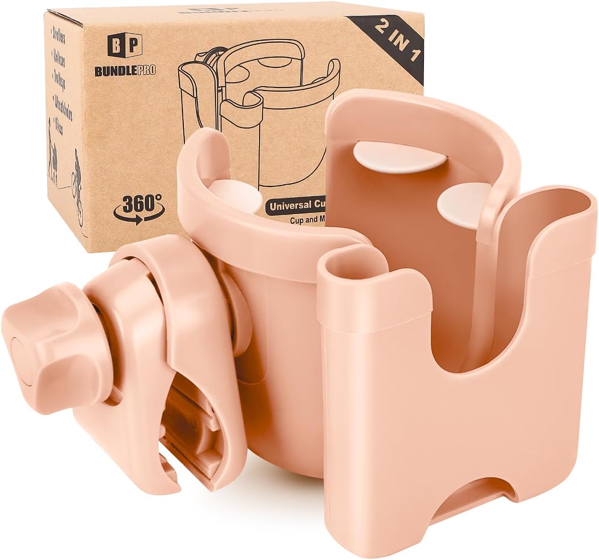 Universal Stroller Cup Holder with Mobile Phone Case, 2-in-1 Strollers Storage Rack, 360 Degrees Rotation Drink Holder for Bike, Pushchair, Wheelchair, Walker,Bicycle, Fits Most Cups (Pink)