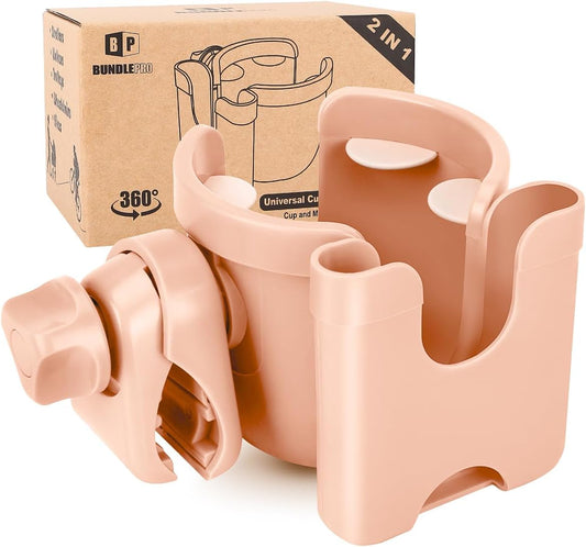 Universal Stroller Cup Holder with Mobile Phone Case, 2-in-1 Strollers Storage Rack, 360 Degrees Rotation Drink Holder for Bike, Pushchair, Wheelchair, Walker,Bicycle, Fits Most Cups (Pink)