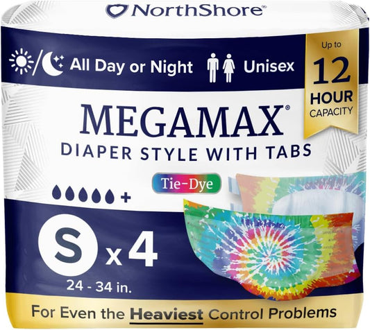 NorthShore MegaMax Adult Overnight Diapers, 12-Hour Tab-Style, Small, 4 Count Starter Pack, Tie-Dye, 24-34 inches, Unisex Incontinence Underwear