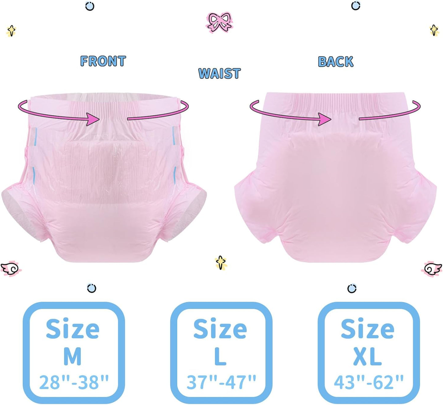 CutiePlusU Disposable Adult Diaper Heavy Absorption Dry Surface Adult Diapers All Night- Pink 10 Pieces (Medium 28"-38")