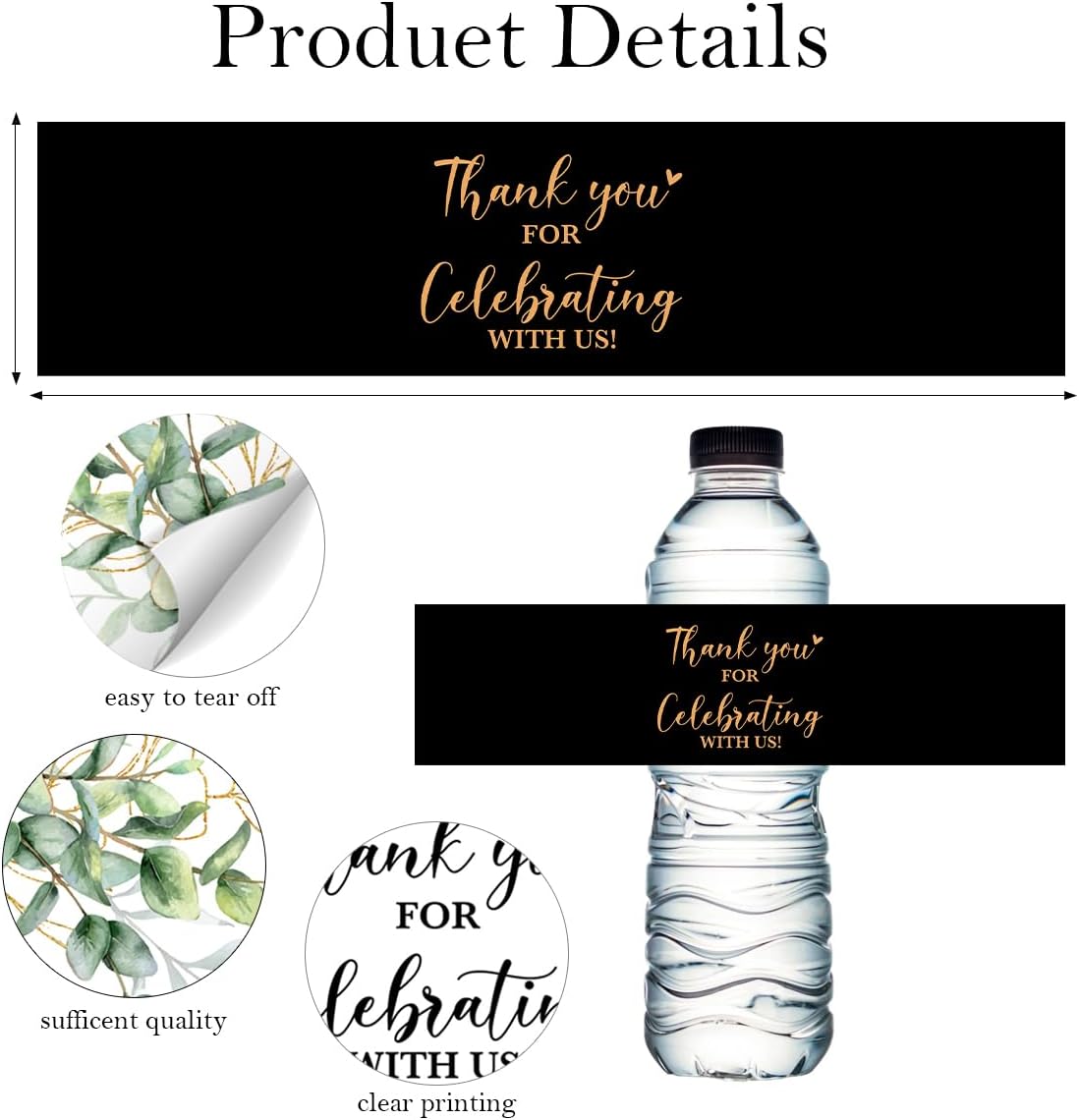 100PCS Wedding Water Bottle Labels Waterproof Greenery Floral Wraps Sticker for Water Bottle Baby Shower Bottle Label for Bridal Shower Party Thanks（Black）