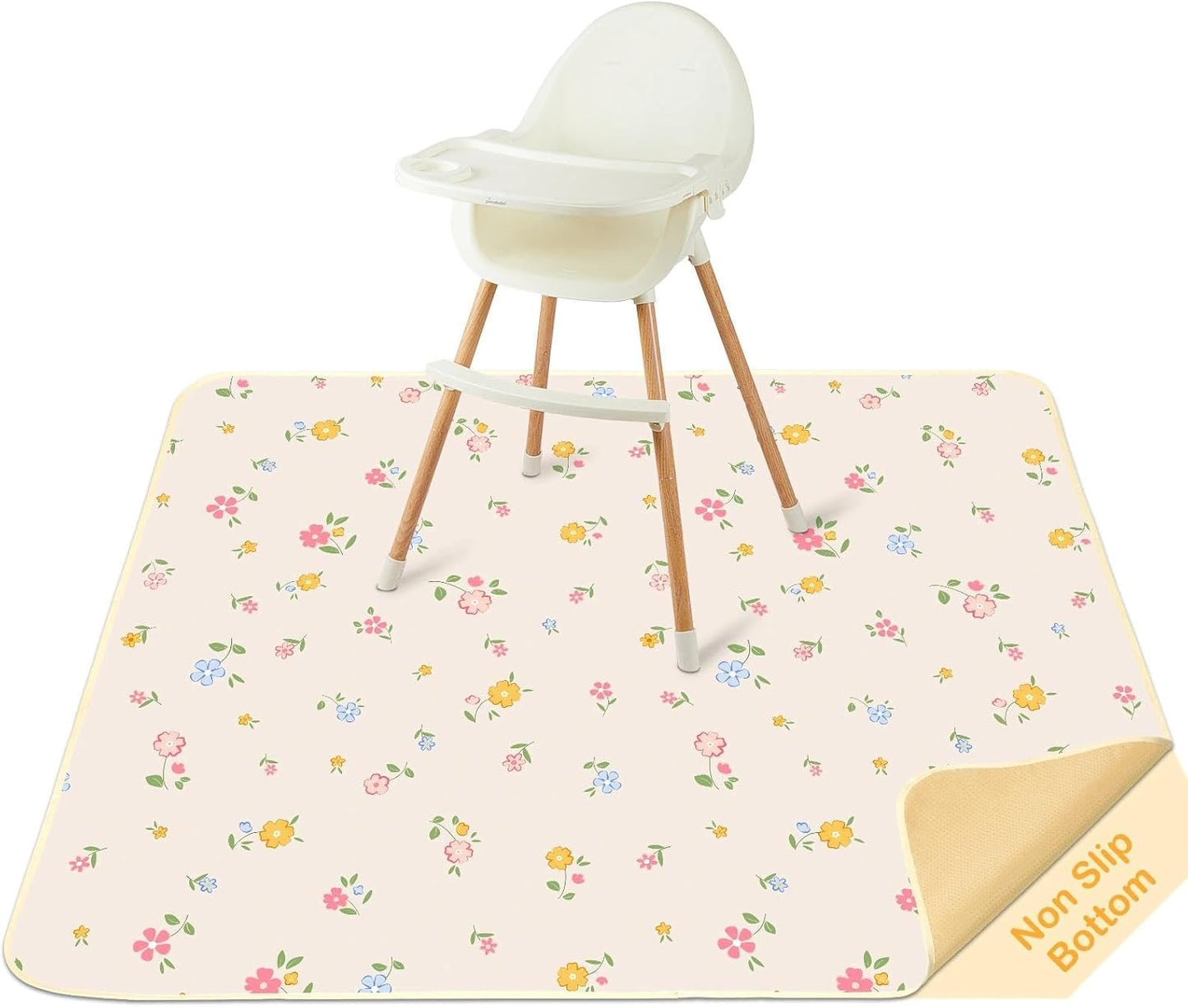 Splat Mat for Under High Chair 42 x 42 Inch Waterproof Baby Splash Mat with Non Slip Bottom Reusable Portable Highchair Mat for Floor Food Catcher for High Chair, Yellow Pink Floral