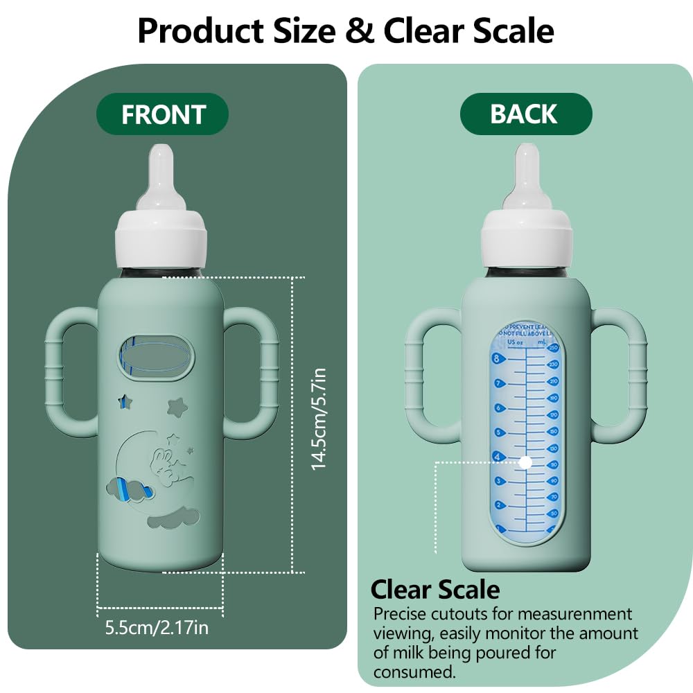 2 Pack Silicone Sleeves for Dr Brown's Glass Bottles, Drop Protection Bottle Sleeves with Handles, Anti Breakage Baby Bottle Holder Compatible with Dr. Brown's Newborn Glass Bottles,8 oz