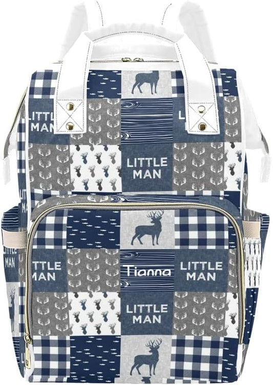 Antler Little Man Navy Woodland Plaid Diaper Bags with Name Waterproof Mummy Backpack Nappy Nursing Baby Bags Gifts Tote Bag for Women