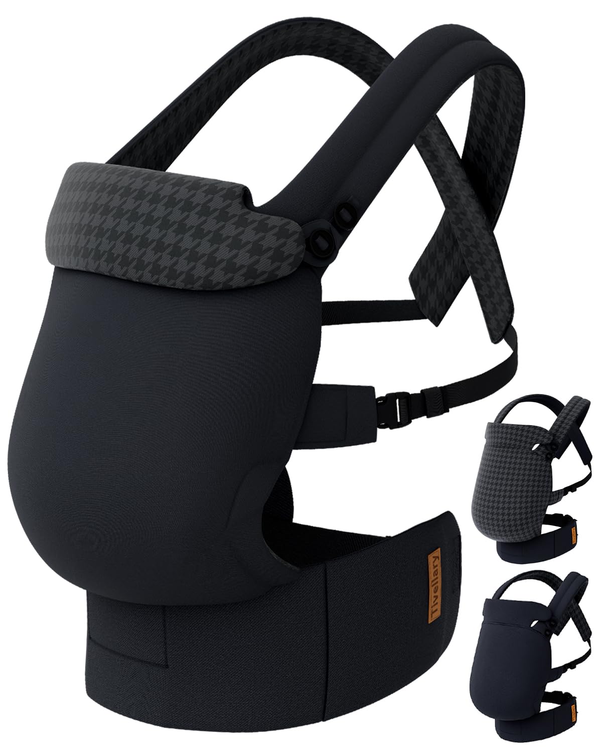 Reversible Baby Carrier – Black Solid & Houndstooth; Lightweight & Breathable Lyocell Fabric; Ergonomic Lumbar Support and Quick Hands-Free Wear for Newborn to Toddler (7–44 lbs)