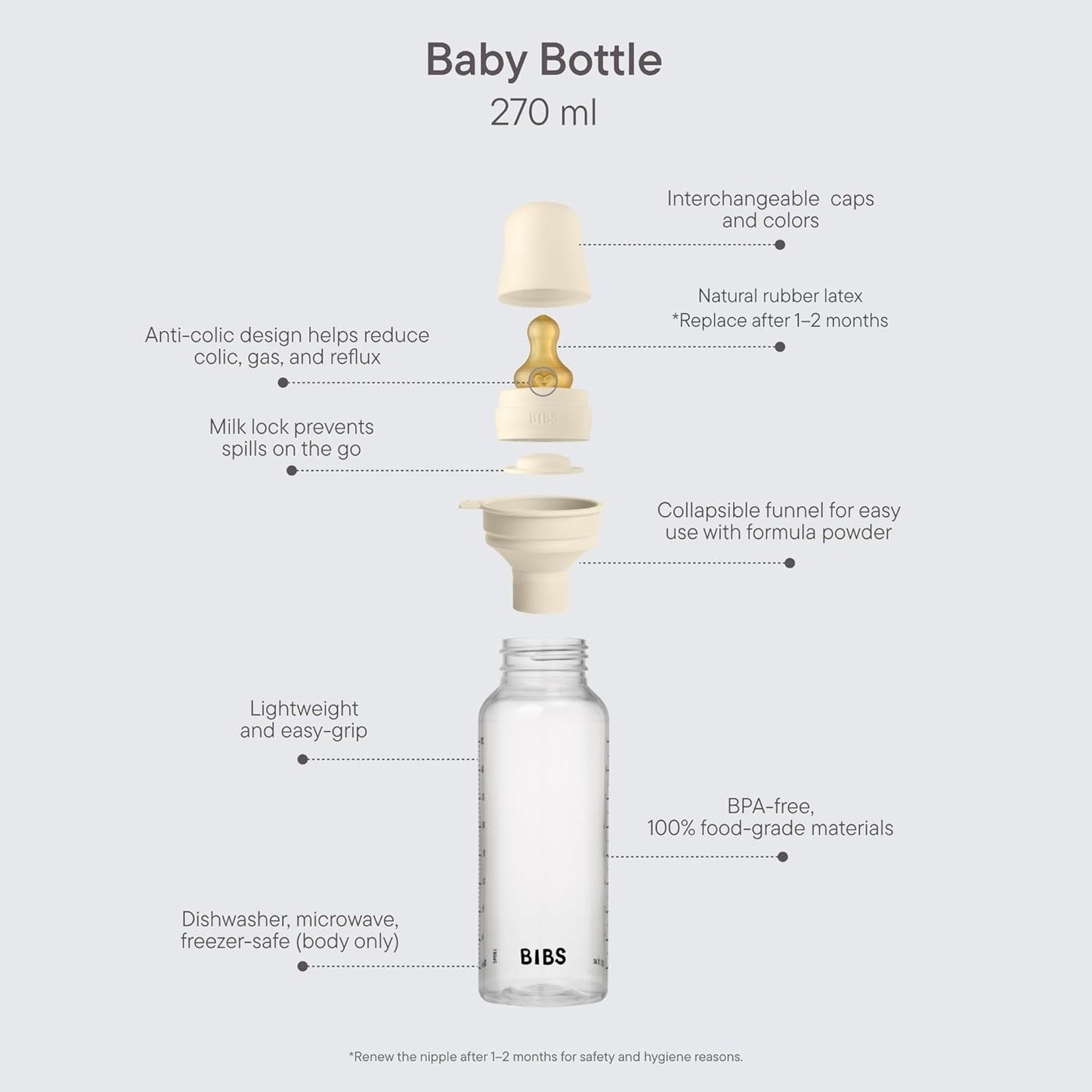 BIBS Baby Bottle 9 oz / 270 ml Silicone Nipple - Anti-Colic, BPA-Free, Round Nipple, Medium Flow, Lightweight & Easy to Clean, Suitable for Newborns 0+ Years - Blush