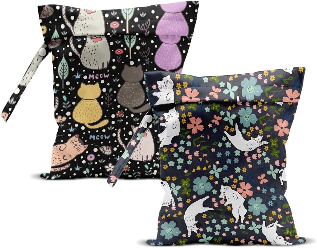 2Pcs Cat Wet Bag 12x10 Inch, Flowers Waterproof Reusable Wet Dry Bags, Floral Washable Travel Laundry Bags for Swimsuit Beach Diapers Dirty Yoga Gym Clothes, Cat Gifts for Women Friend Travelers