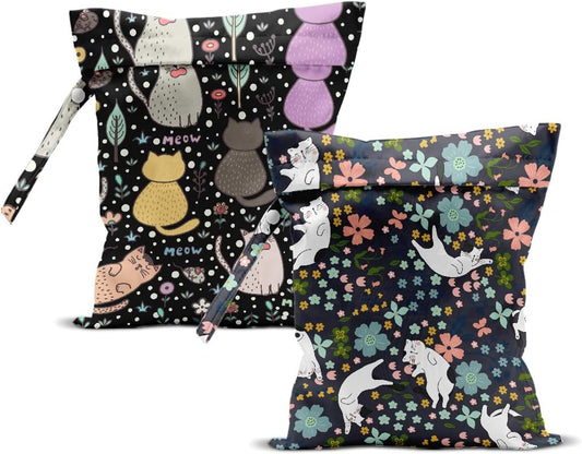 2Pcs Cat Wet Bag 12x10 Inch, Flowers Waterproof Reusable Wet Dry Bags, Floral Washable Travel Laundry Bags for Swimsuit Beach Diapers Dirty Yoga Gym Clothes, Cat Gifts for Women Friend Travelers
