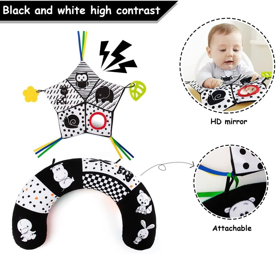 teytoy Tummy Time Pillow with Crinkle Mat & Teethers, Black and White High Contrast Baby Toys with Mirror, Montessori Sensory Crawling Toy for Infant Newborn Toddler Tummy Time Toys 0-6 Months Babies