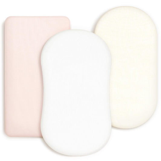 GRSSDER Stretchy Ultra Soft Fitted Bassinet Sheet 3 Pack, Universal Fit for Bassinets Baby Cradle Moses Basket Oval Rectangle Mattress Safe and Snug, Jersey Bassinet Sheets for Girls, Cream/Pink/White