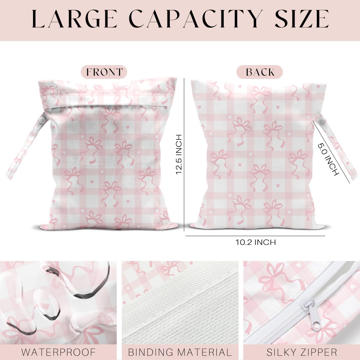 Wet Bag for Swimsuit, Beach Travel Essentials Wet Dry Bag, for Sunscreen Toiletry Dirty Clothes Yoga Gym Diaper, Friends Summer Beach Vacation Gifts. Pink and white checkered bow