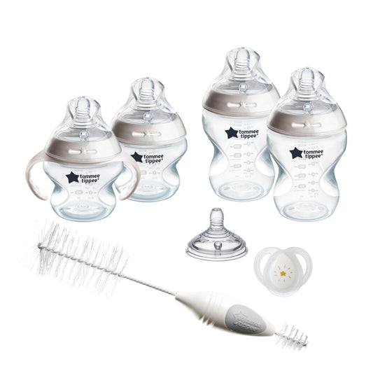 Tommee Tippee Natural Start Baby's First Bottle and Pacifier 8 Piece Set, 2 x 5oz and 2 x 9oz Anti-Colic BPA Free Bottles, 2 Extra Slow and Medium Flow Nipples, 2, 0-6 Month Pacifiers, Clear