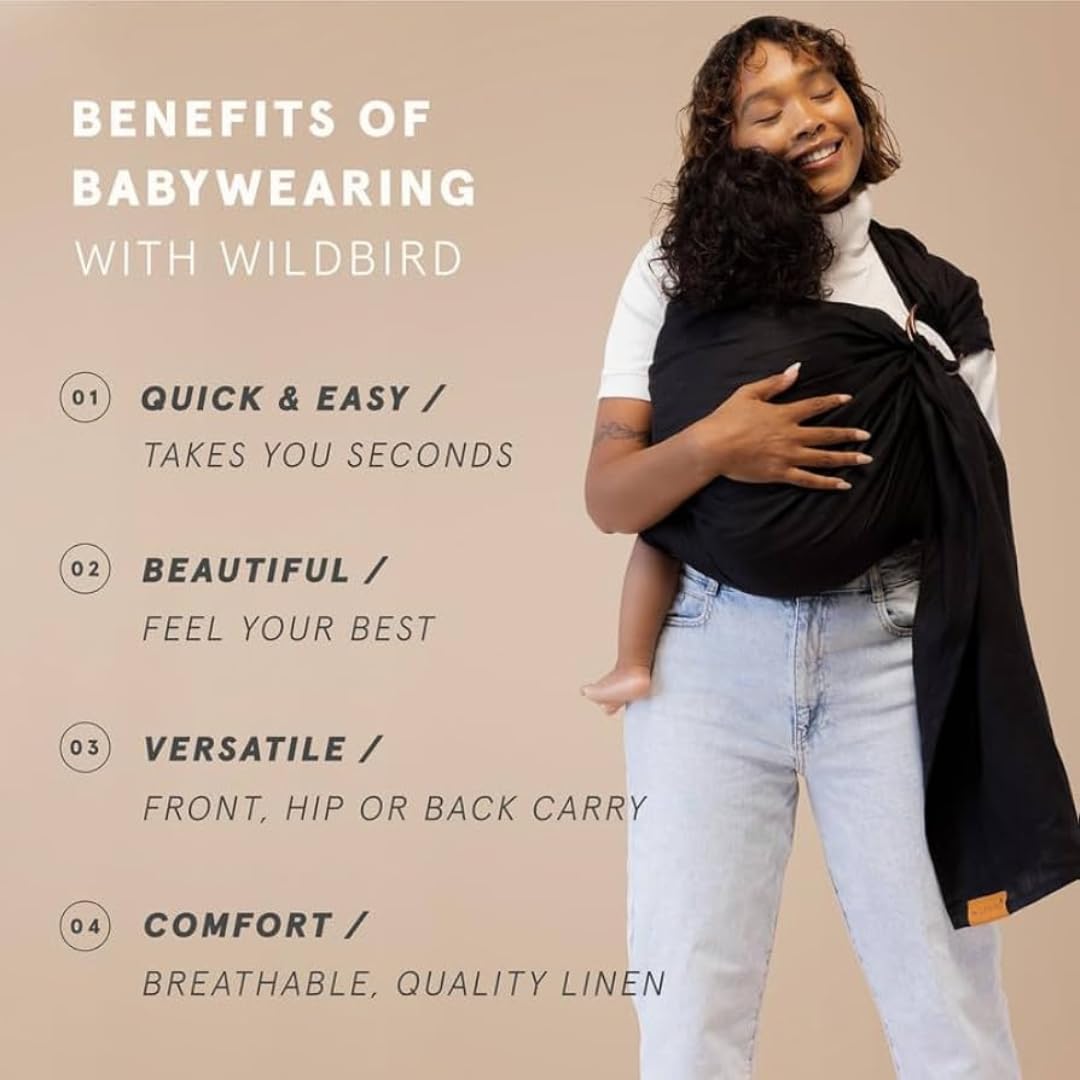 WildBird - Ring Sling Baby Carrier - Newborn to Up to 35 lbs - for Moms, Dads & Caregivers - 100% Natural European Linen Fibers - Versatile & Adjustable - 90” Size - Raven Fabric & Black Ring
