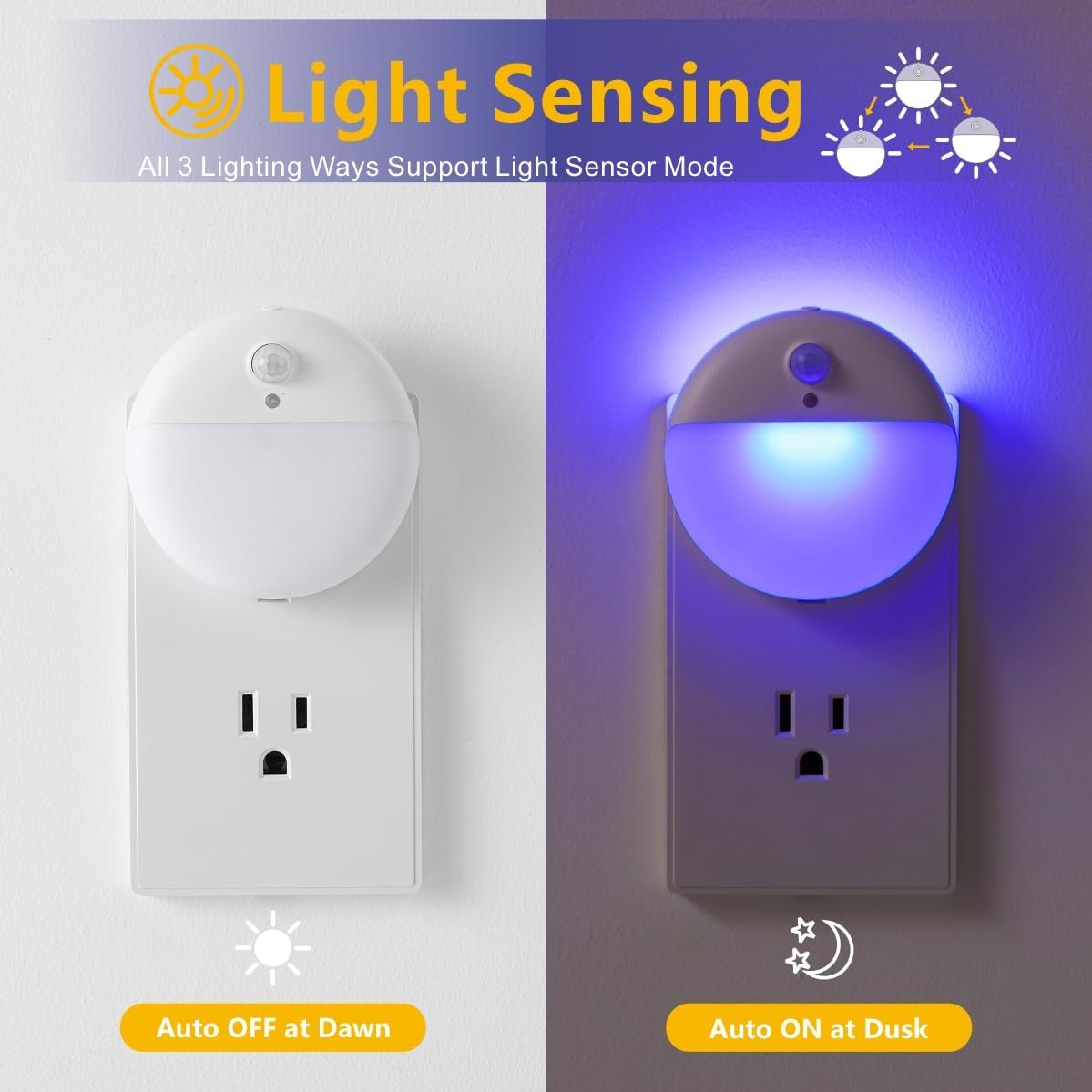 2 Pack Plug in Night Light with Motion Sensor and Dusk to Dawn Sensor, Stepless Dimming, Blue LED Nightlight with 3 Lighting Ways for Bathroom, Bedroom, for Girls, Boys, Adults
