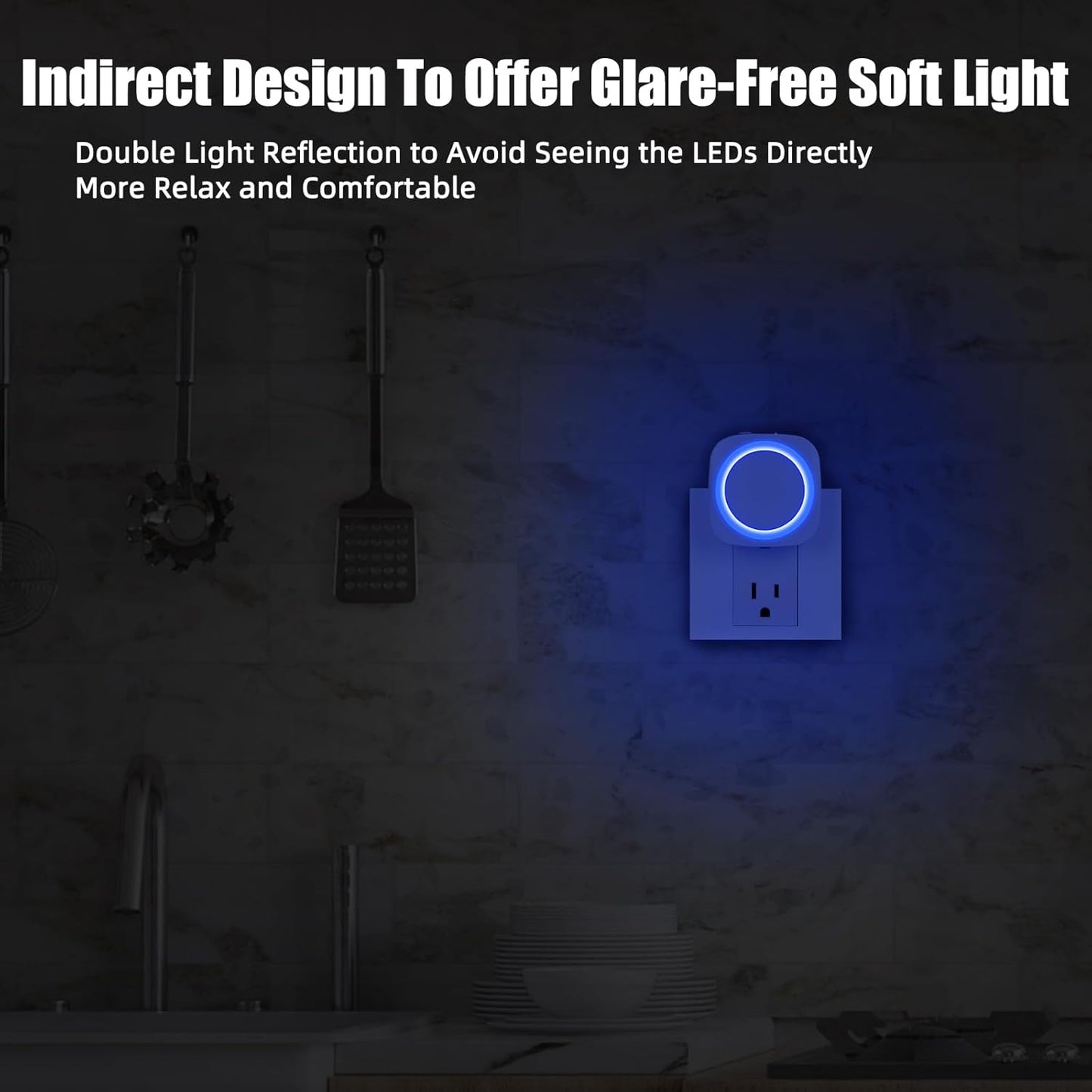 LED Night Lights Plug into Wall, Indirect Soft Dimmable Night Light with Dust to Dawn Sensor, Blue Nightlight for Bedroom,Bathroom,Kitchen,Stairs,Hallway,Travel, 4 Packs, Blue