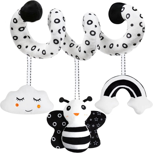 Baby Spiral Hanging Stroller and Car Seat Toys Black and White High Contrast Sensory Toy Newborn Plush Activity Toys Party Favors Quality Gifts for Baby Shower -BEE