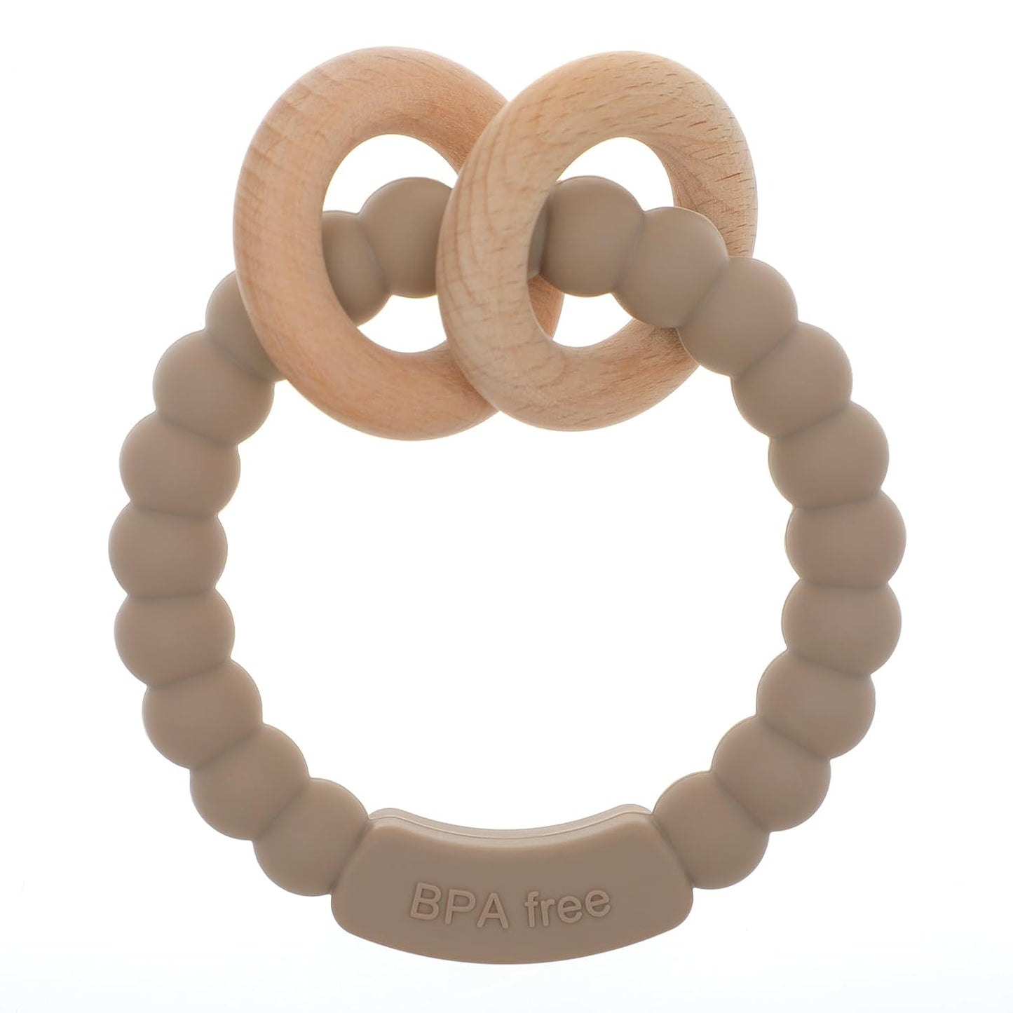 Baby Teether, One Piece Design Silicone & Beech Teething Ring Toy for Babies, BPA Free (Sand)