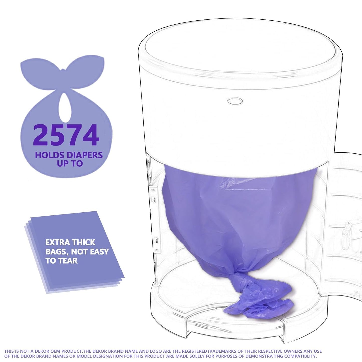 Diaper Pail Refill Bags Compatible with Dekor Classic Diaper Pail, Extra 30% Length, Hold up to 2574 Diapers, Lavender Scent, 4 Pack