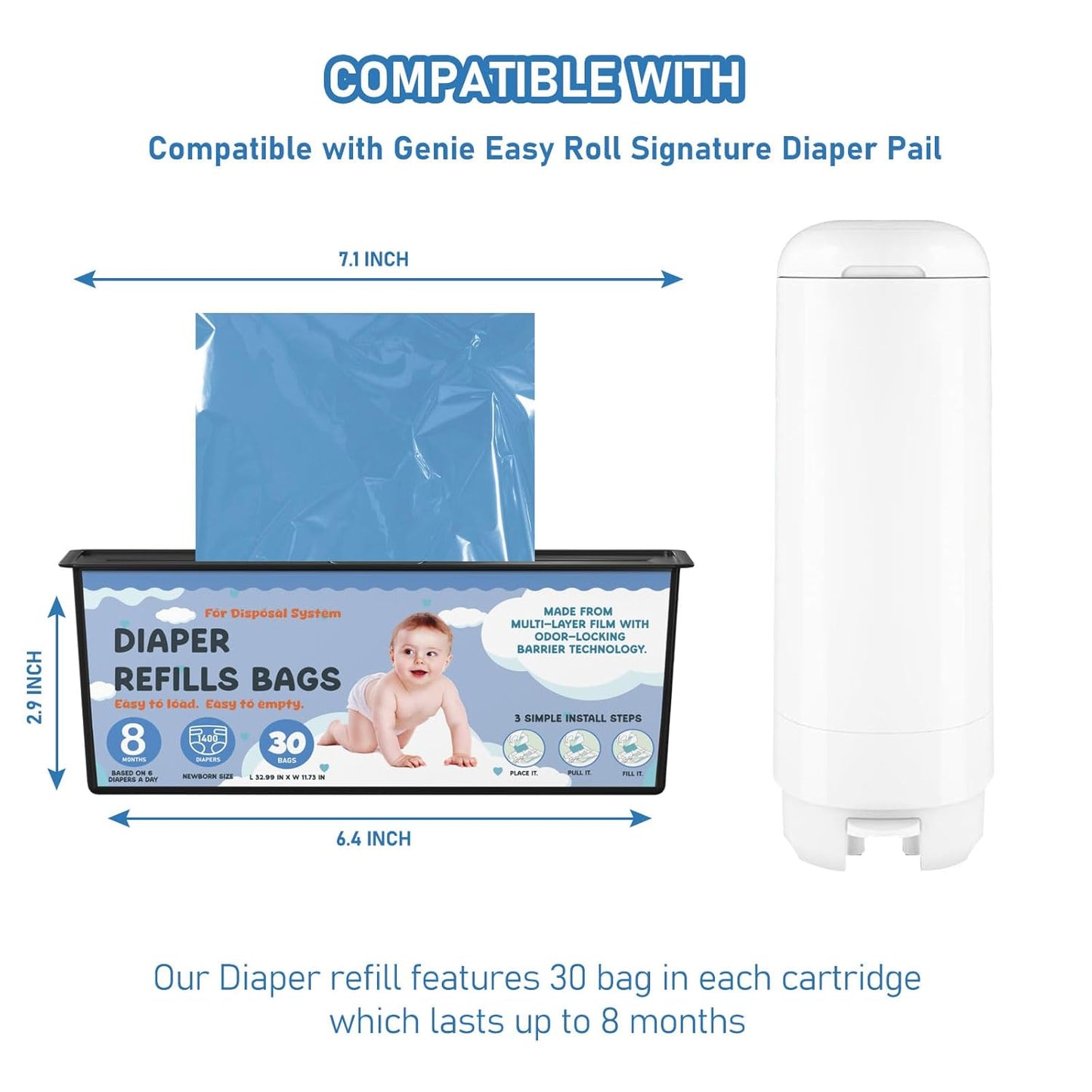 Diaper Pail Refills Bags with 30 Bags Compatible with Genie Easy Roll Signature Diaper Pails and Platinum Diaper Pails, Lasts Up to 8 Months, 7-Layer Odor-Barrier Technology, 5 Pack (150 Bags)