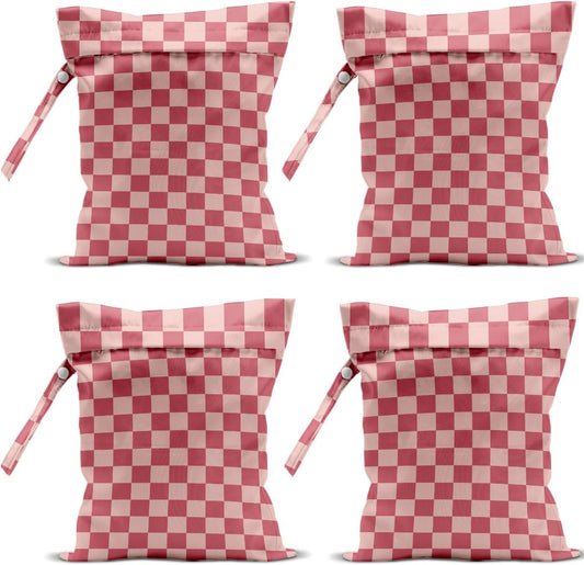 4 Pack Cute Wet Bag Waterproof Washable Reusable Wet Dry Bag for Swimsuit Clothes Cloth Diaper Travel Beach Pool Yoga Gym Birthday Party Camping Toiletries Travel Beach Essentials, Pink Checkered