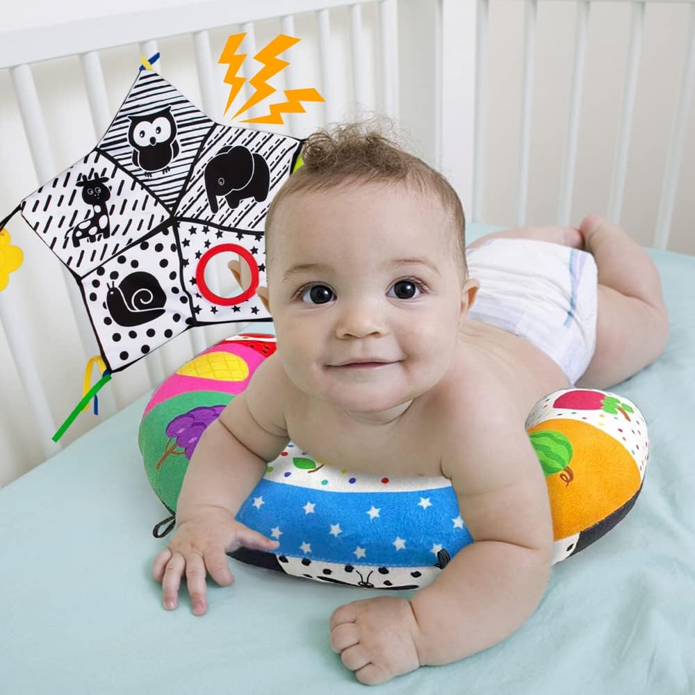 teytoy Tummy Time Pillow with Crinkle Mat & Teethers, Black and White High Contrast Baby Toys with Mirror, Montessori Sensory Crawling Toy for Infant Newborn Toddler Tummy Time Toys 0-6 Months Babies