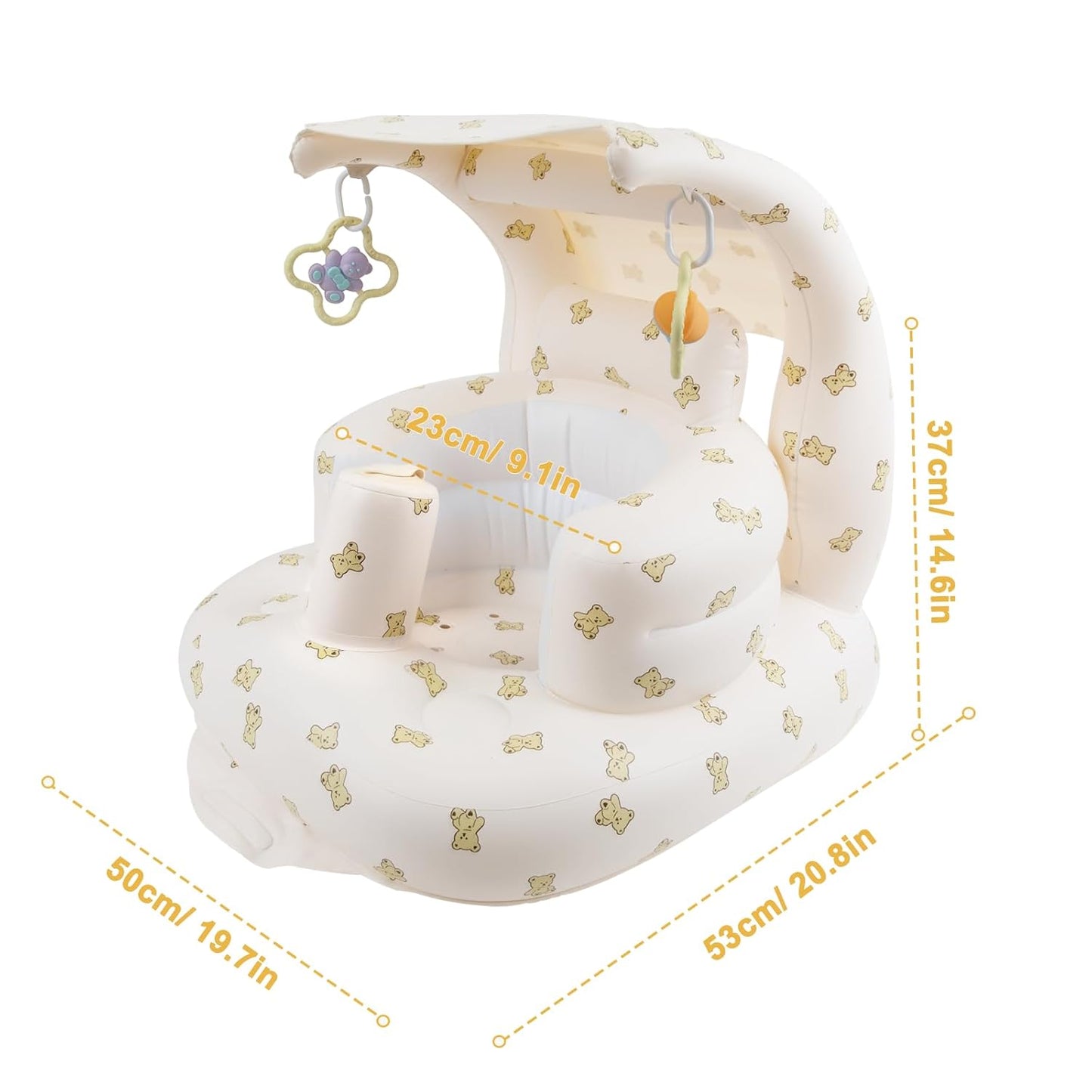 Inflatable Baby Chair with Canopy and Sensory Ornament, Inflatable Baby Seat for Babies 3 Months & Up Sitting Up, Blow Up Infant Floor Seat with Built in Air Pump - Bear