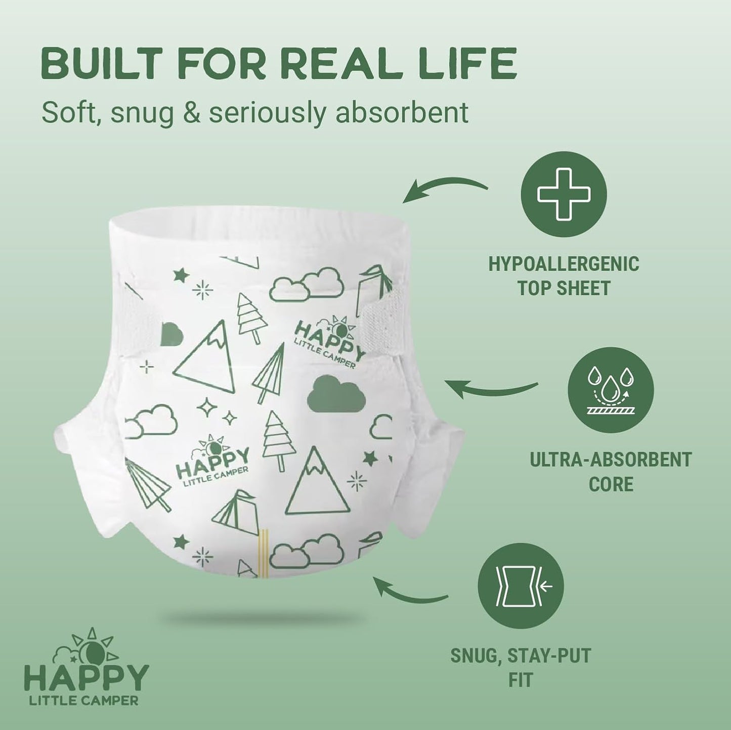 Happy Little Camper Super Saver Diapers, Size 5, 100 Count | Budget-Friendly Disposable Baby Diapers for Sensitive Skin | Hypoallergenic, Fragrance-Free, Ultra Absorbent