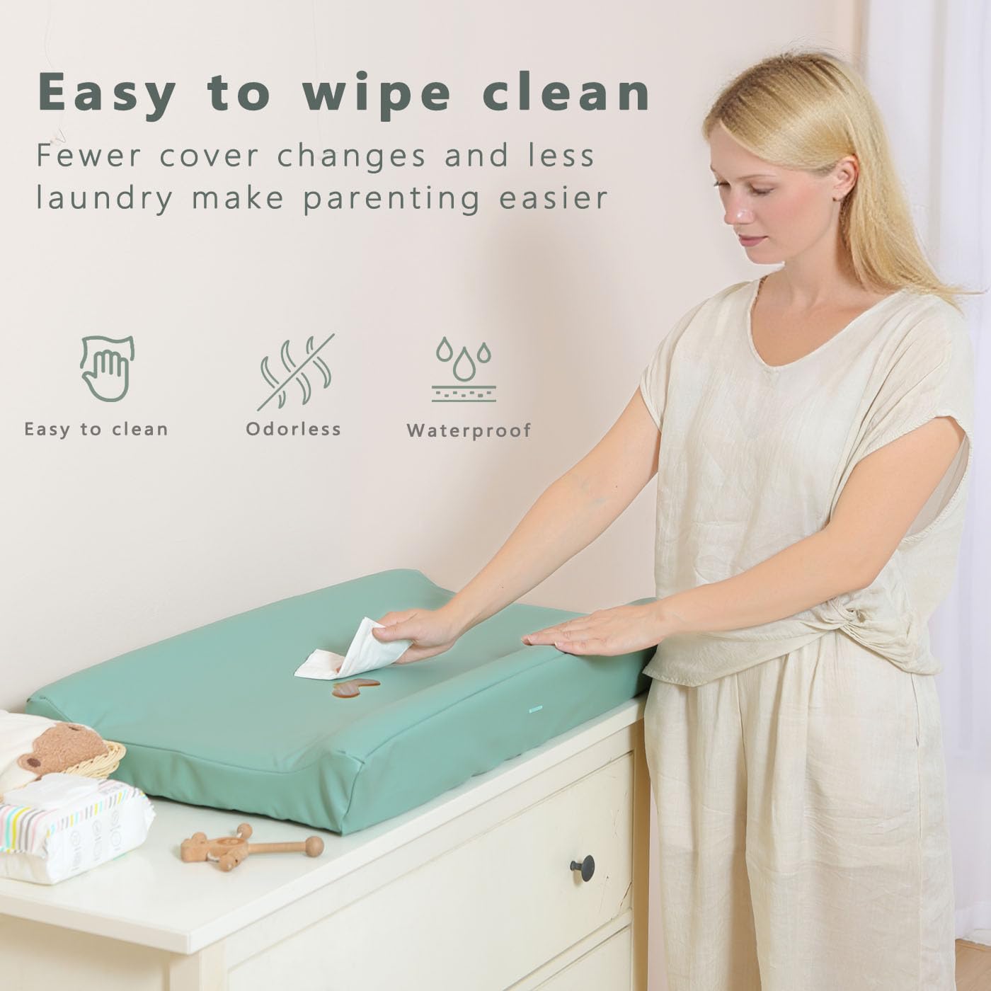 Vegan Leather Baby Changing Pad Covers for Girl, Boy, Waterproof & Wipeable Soft Diaper Changing Mat Cover.Fits Standard Changing Pads with Dimensions of 32" x 16". (Beige)