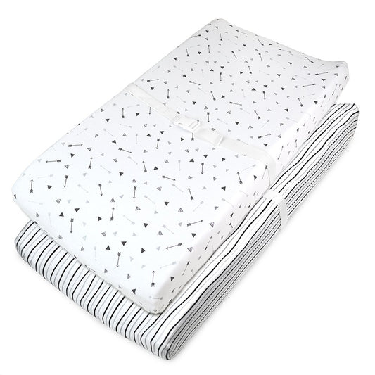 American Baby Company 2 Pack Printed 100% Cotton Knit Fitted Contoured Changing Table Pad Cover - Compatible with Mika Micky Bassinet, Silver Black Arrow/Stripe, for Boys and Girls