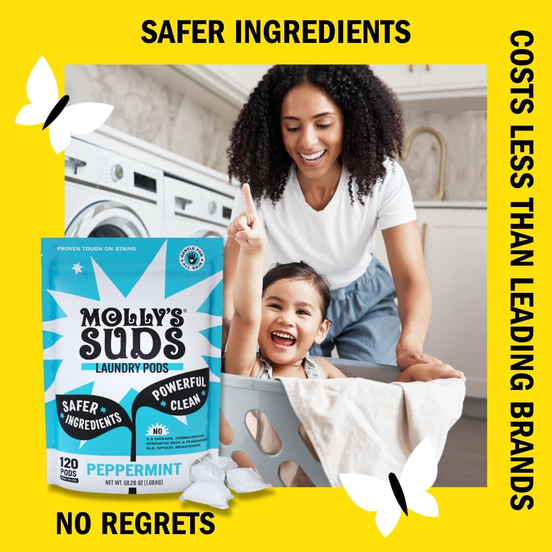 Molly's Suds Laundry Detergent Pods | Clean Detergent for Sensitive Skin | Ultra Concentrated and Stain Fighting | Peppermint - 120 Count (Value Pack)