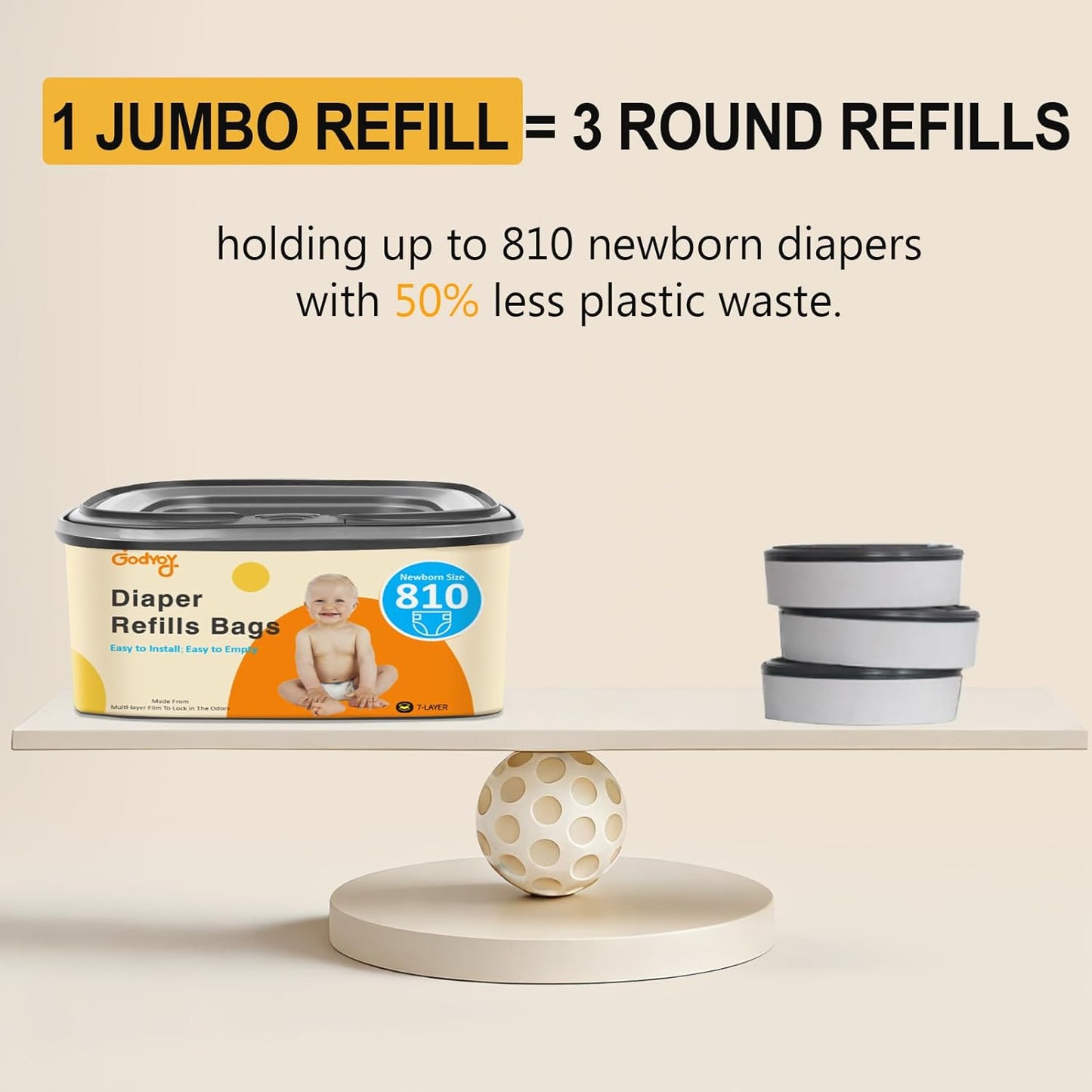 Jumbo Square Refill Compatible with Diaper Genie Classic,Compact and Select Pails,Odor Control & Durable,Holds Up to 810 Newborn Diapers,Plant Scented Disposal Bag Refills with Continuous Film（2 pack）