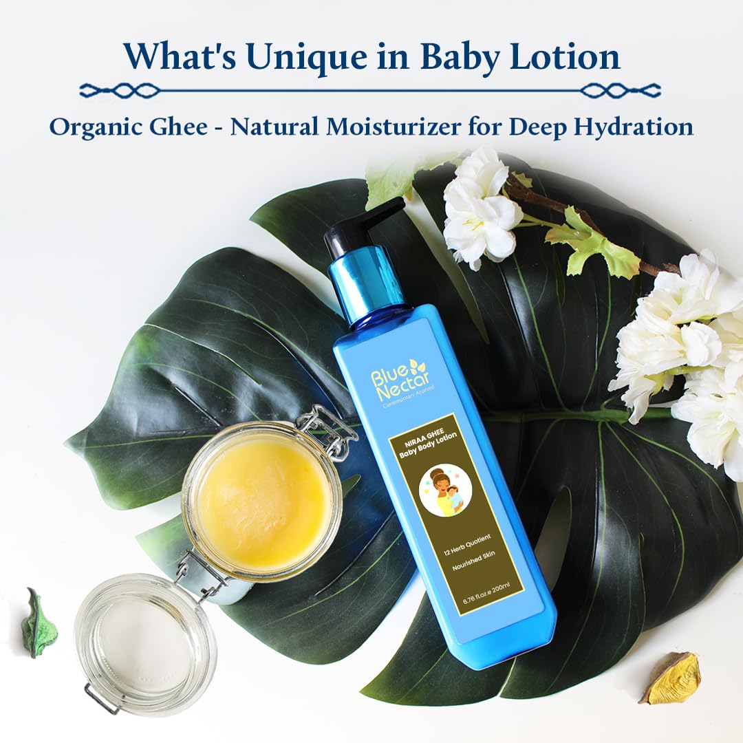 Blue Nectar Ayurveda Gentle Baby Oil for Newborn Skin Care Baby Massage Oil (3.38Fl Oz) Along with Baby Lotion with Nourishing Organic Ghee Body Lotion | Gentle moisturizer for Kids (6.76 Fl Oz)