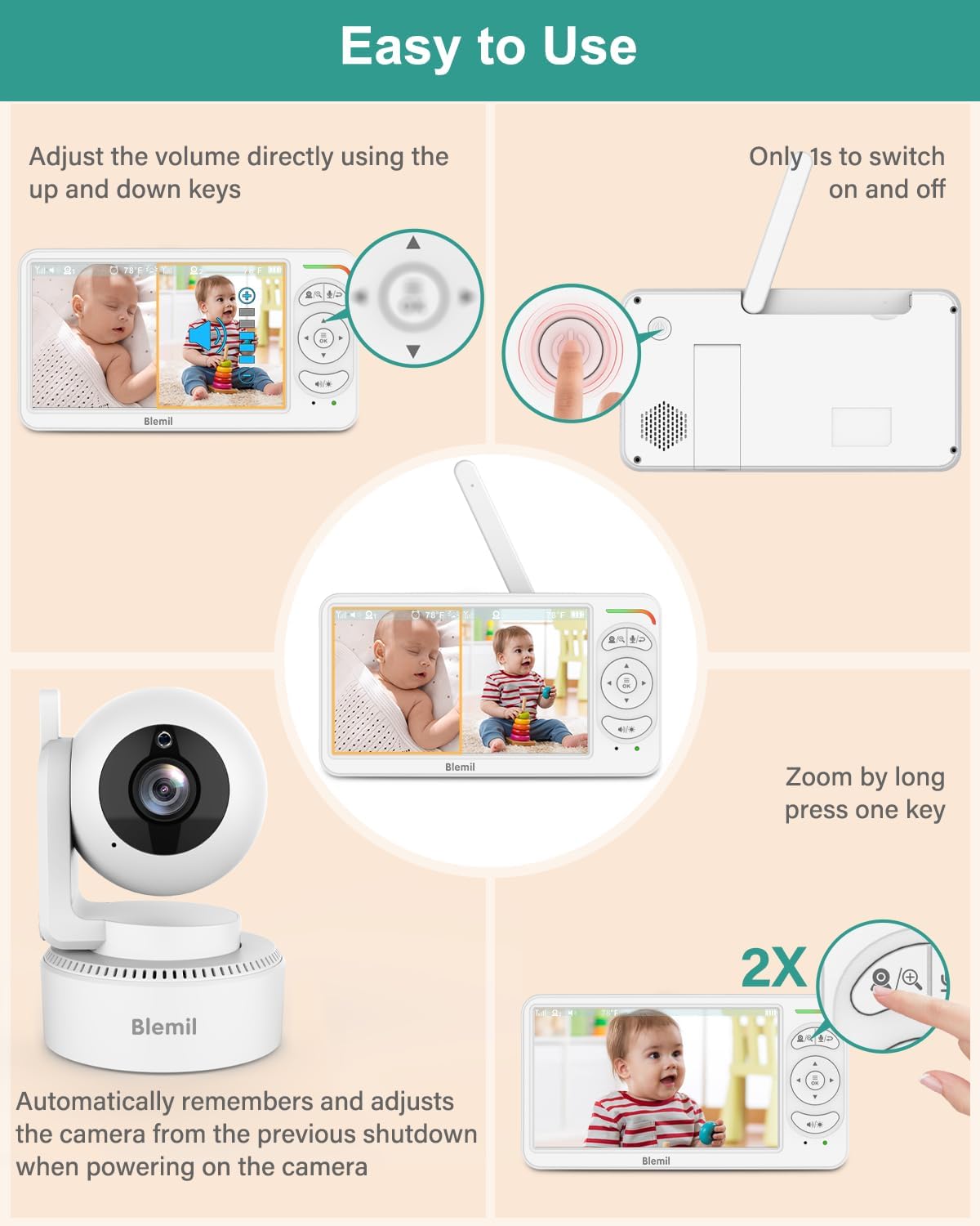 Blemil 6" Baby Monitor with 2 Cameras 4000mAh Battery Upgrade Split Screen Video Baby Monitor No WiFi Remote Pan-Tilt-Zoom Auto-Night Vision 150 Languages ECO Mode 2-Way Talk 1000FT (Ideal Condition)