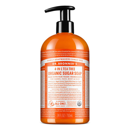Dr. Bronner's - Organic Sugar Soap (Tea Tree, 24 Ounce) - Made with Organic Oils, Sugar and Shikakai Powder, 4-in-1 Uses: Hands, Body, Face and Hair, Cleanses, Moisturizes and Nourishes, Vegan