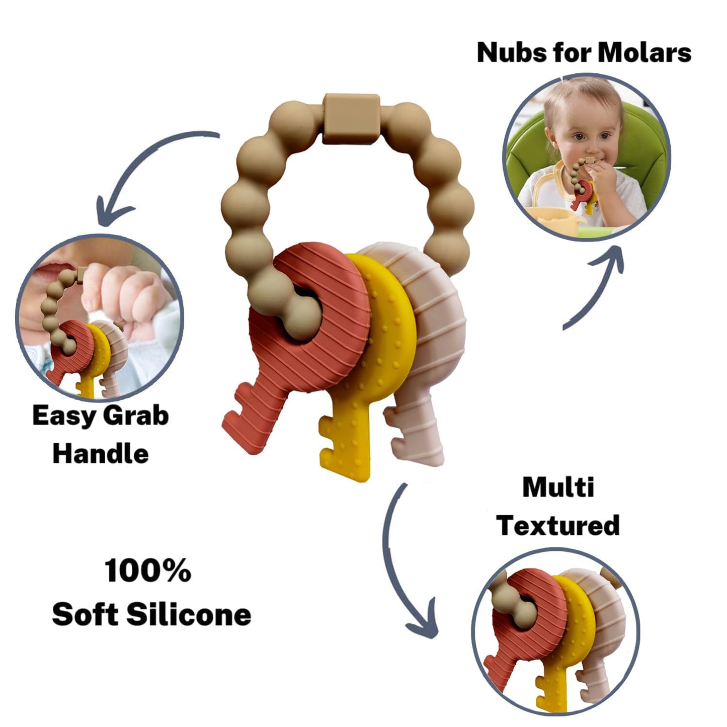 Baby Keys Teether Toys,Silicone Teething Toys for 3+ Months,Teething Keys Toy for Infants-Soft & Raised Texture to Soothe Gums,BPA Free(Brown)