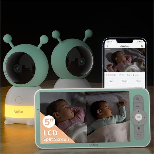 BOIFUN 2K Split-Screen 5 Inch Wi-Fi Baby Monitor With 2 Cameras, Colorful Night Light, AI Motion & Sound & Humidity & Temp Detection, Auto Tracking Via Smartphone App And Monitor Control, Night Vision